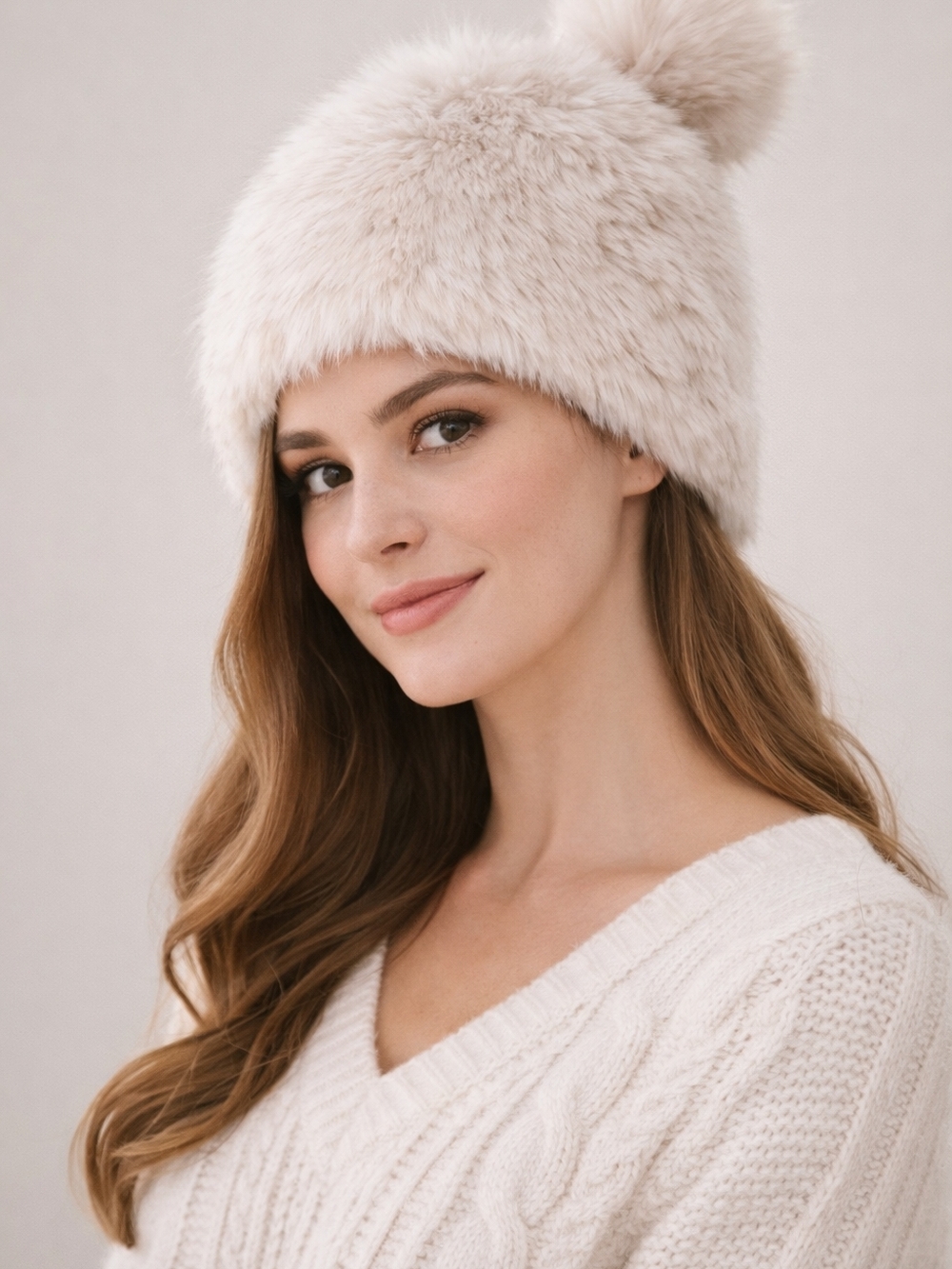 Plush Faux Fur Pom Beanie Hat in Cream